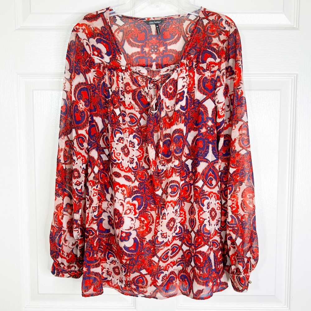 Daisy Fuentes Semi-Sheer Printed Long Sleeve Blouse Women’s Sz M